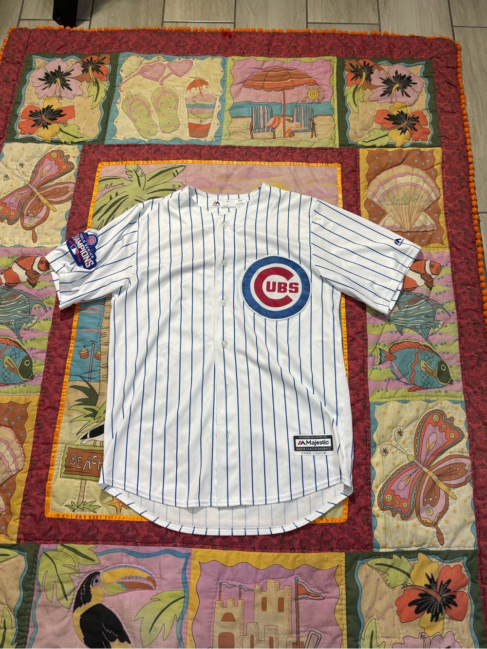 Cubs Kris Bryant 17 White Pinstripe Majestic Cool Base Jersey Medium